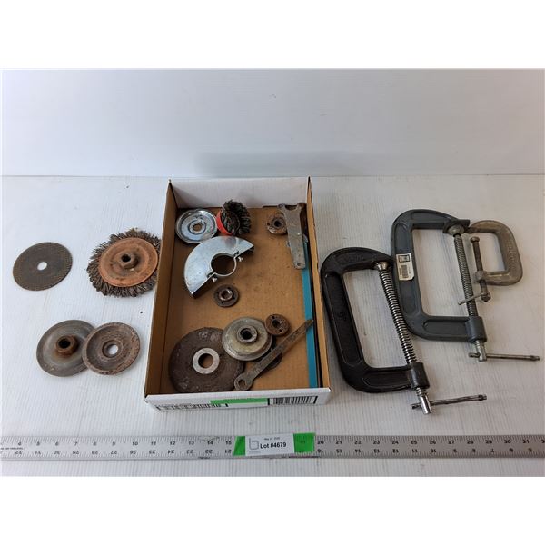 (3) C-Clamps, Brush Tool Lot- Wire Wheel, Cutting Disc, Misc.