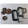 Image 2 : (3) C-Clamps, Brush Tool Lot- Wire Wheel, Cutting Disc, Misc.