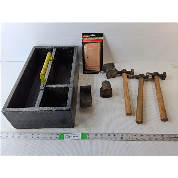 Woden Toolbox 17.5" x 10" x 5" Tall, Bondo Spreaders, (3) Ball Pein Hammers, Misc.