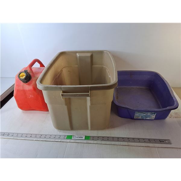 2 Gallon Jerry Can & (2) PLastic Totes,No Lid- Cannot Ship