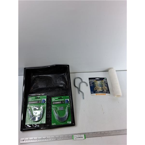 Assorted Items - (2) Sets Of Large Storage Hanger, Sylvania Car Lights, Paint Pan, (2) Hooks, Paint