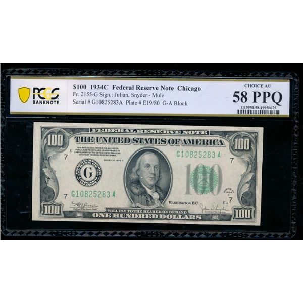1934C $100 Chicago FRN PCGS 58PPQ