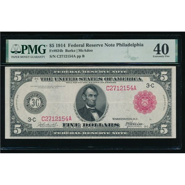 1914 $5 Red Seal Philadelphia FRN PMG 40