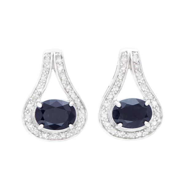 Plated Rhodium and Sterling Silver 3.15ctw Sapphire and Diamond Earrings