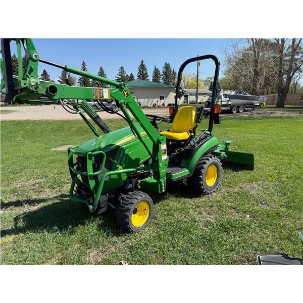 JOHN DEERE 1025R TRACTOR, 342 HRS W/ 120 FRONT-END LOADER W/ BUCKET & 54-IN AUTO-CONNECT BELLY MOWER
