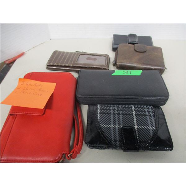 3 WALLETS, 2 CLUTCH PURSES, 1 PHONE CASE
