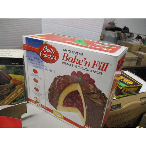 BOX C/W BETTY CROCKER BBOWL, UTENSIL SET, BASKET, ETC