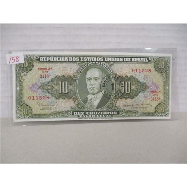 REPUBLIC OF BRAZIL 10 CRUZEROS BANK NOTE