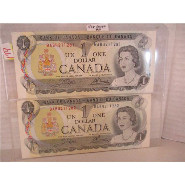 1973 CRISP UNCIRCULATED CANADA SEQUENTIAL SERIAL NUBMER LAST OF CANADA $1 BILLS