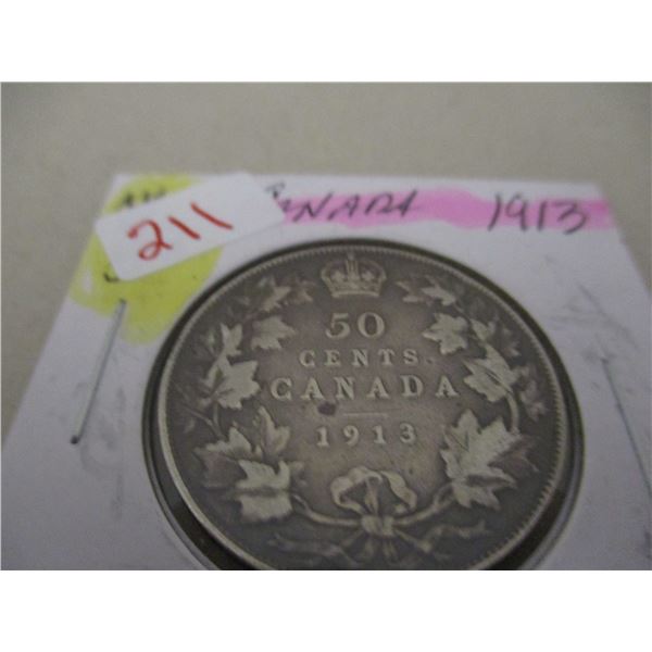 1913 SCARCE KEY DATE CANADA SILVER HALF DOLLAR
