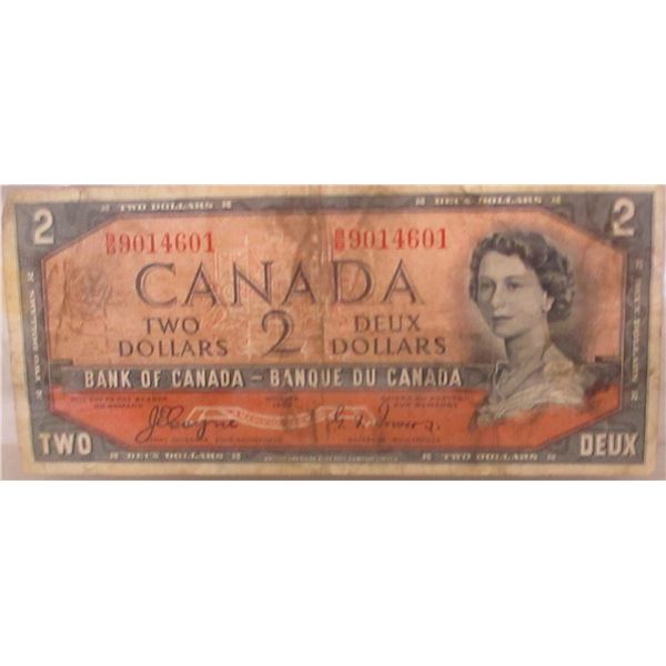 1954 SCARCE DEVEILS FACE BANK OF CANADA $2 BILL