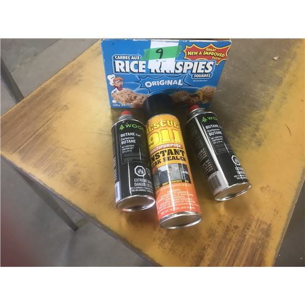 CAN OF LEAK SEALER & 2 CANS OF BUTANE