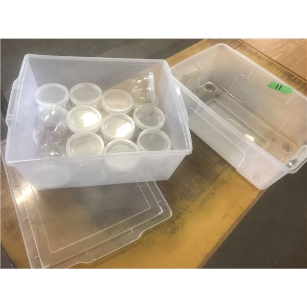 PLASTIC BIN (NO LID), PLASTIC BIN & LID, APPROX. 12 SMALL CONTAINERS