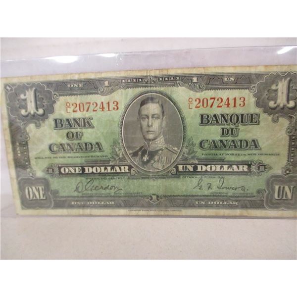 1937 KING GEORGE VI BANK OF CANADA LEGAL TENDER $1 BILL
