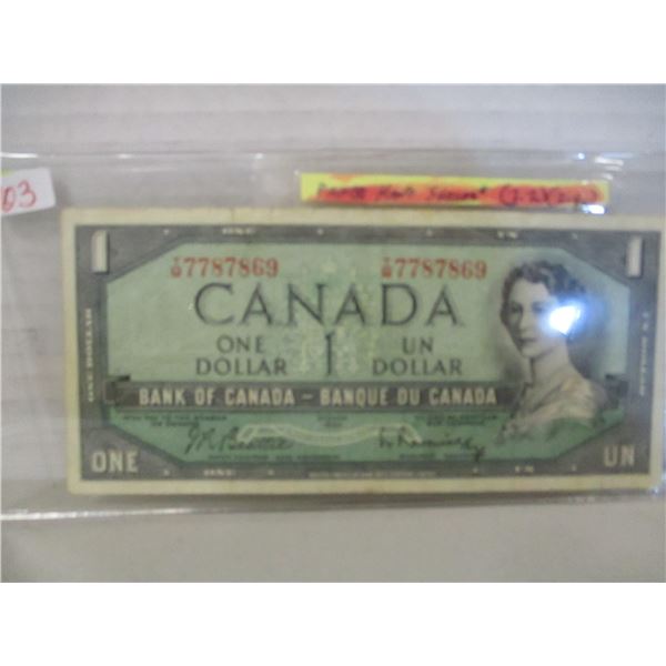 1954 POKER HAND SERIAL NUMBER (3-7'S & 2-8'S) CANADA $1 BILL