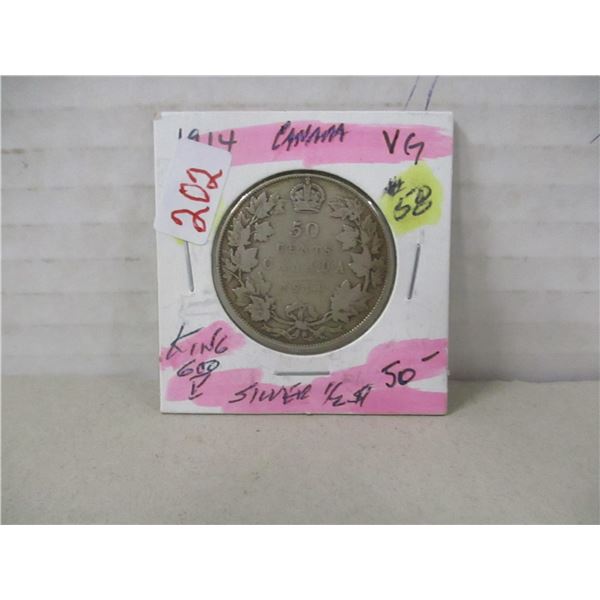 1914 VF KEY DATE KING GEORGE V SILVER HALF DOLLAR