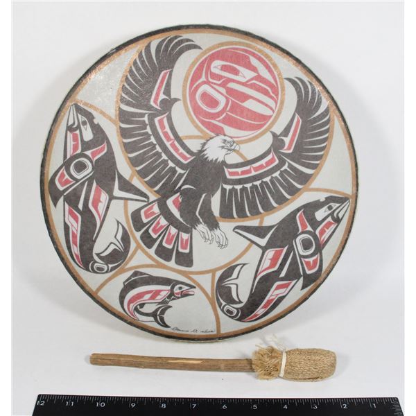 HAIDA ART THEM DRUM. APPROX 11" DIAMETER