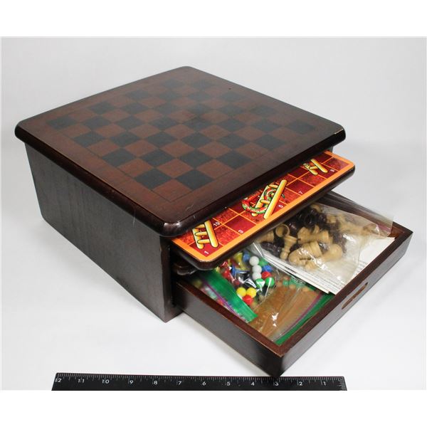 WOODEN MULTI GAME WITH GAME PIECES, CHECKERS,