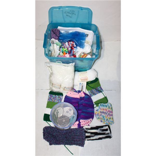RUBBERMAID TOTE FULL OF YARN AND SOME
