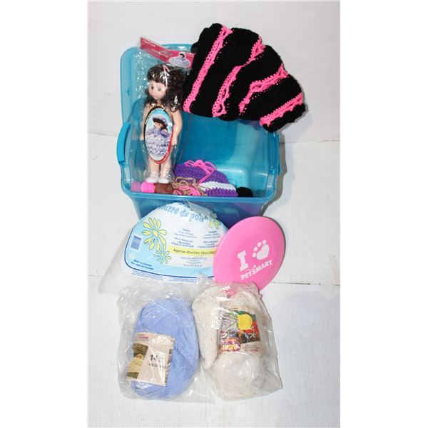 RUBBERMAID TOTE FULL OF YARN AND SOME