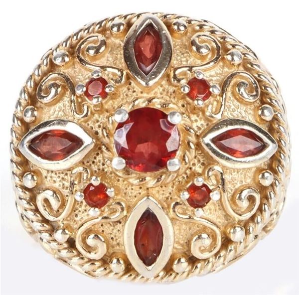 GARNET ORNATE GOLD-TONED STERLING SILVER RING