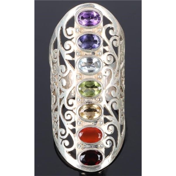 BEAUTIFUL STERLING  7 GEMSTONE FULL FINGER RING