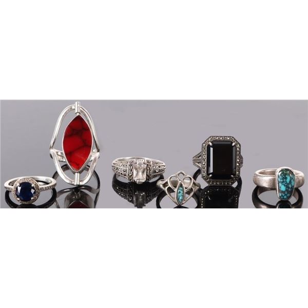 LADIES STERLING SILVER VARIOUS STYLE RINGS (6)