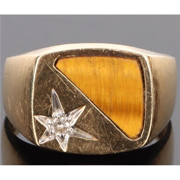 14K DIAMOND & TIGERS EYE MEN'S SIGNET RING