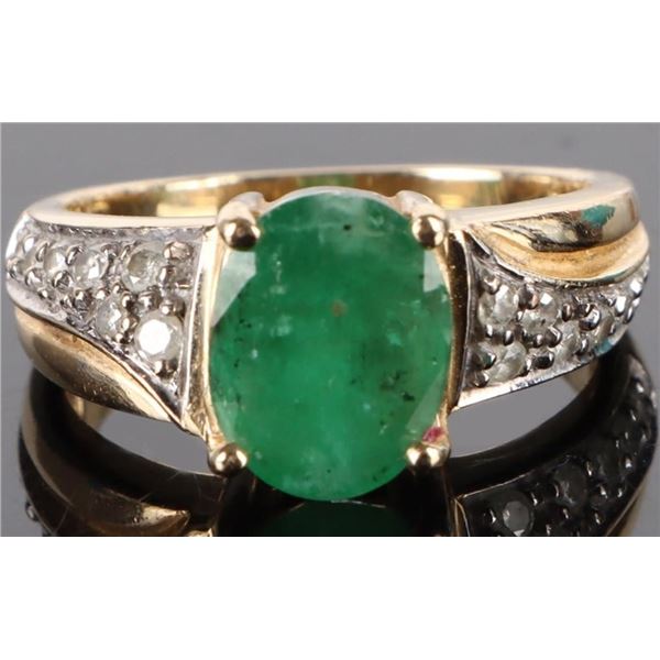 14K YELLOW GOLD EMERALD DIAMOND LADIES RING