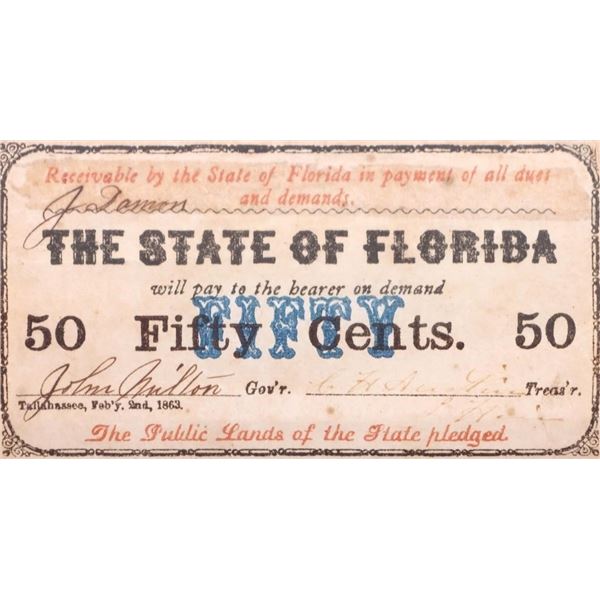 1863 STATE OF FLORIDA 50 CENTS UNCUT NOTES