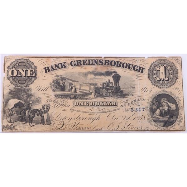 1858 BANK OF GREENSBOROUGH $1 OBSOLETE CSA NOTE