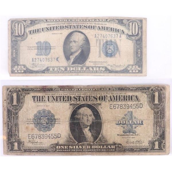 VINTAGE SILVER CERTIFICATE $1 & $10 U.S. BANKNOTES