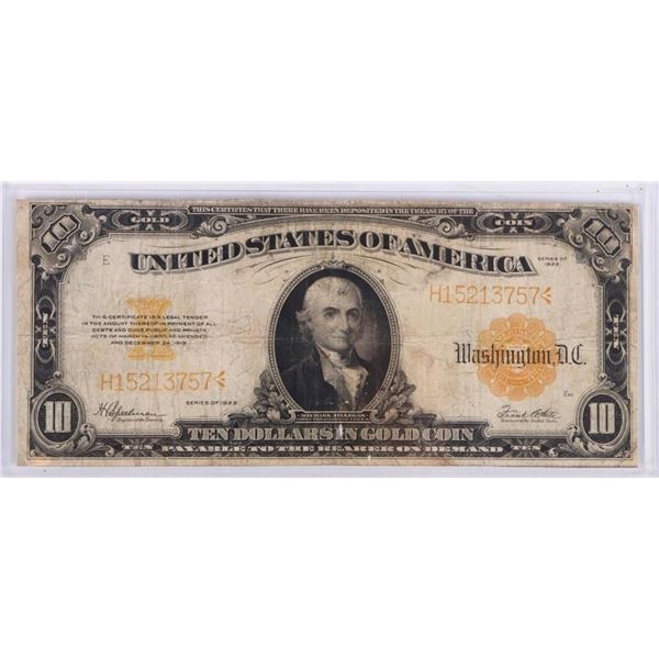 1922 SERIES $10 GOLD CERTIFICATE LARGE BANKNOTE