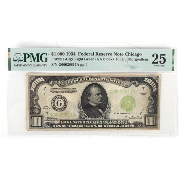 1934 $1000 FR#2211-GLGS LIGHT GREEN BILL PMG 25