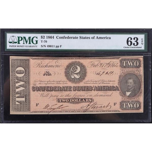 1864 T-70 $2 CONFEDERATE OBSOLETE BANKNOTE PMG 63