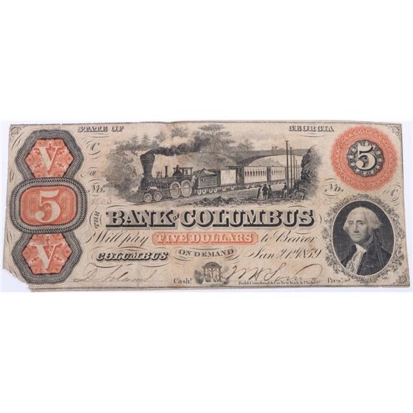 1859 BANK OF COLUMBUS $5 OBSOLETE CSA BANKNOTE