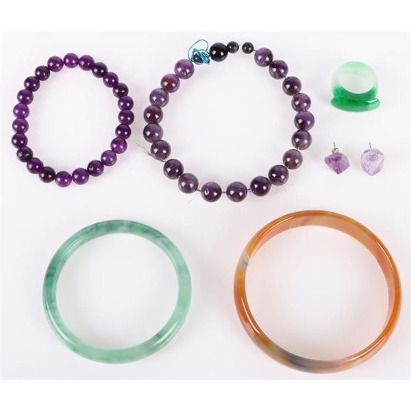 BEAUTIFUL JADE,AGATE, AMETHYST JEWELRY LOT OF 6