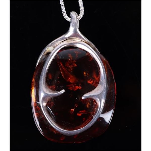 ORANGE AMBER STERLING SILVER LADIES NECKLACE