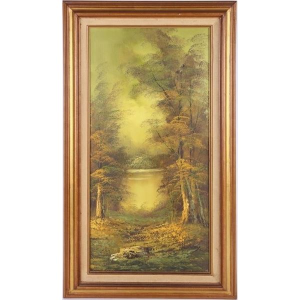 TREE & LAKE OIL PAINTING ON CANVAS SIGNED & FRAMED