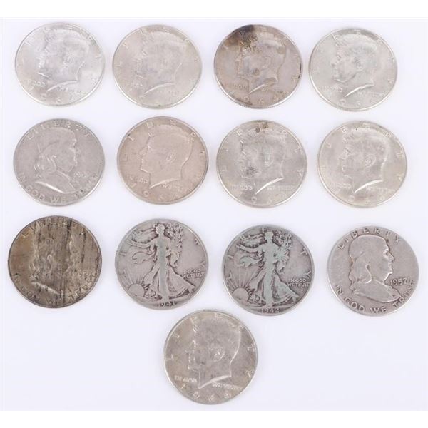 ASSORTED 90% SILVER U.S. HALF DOLLARS - (13)