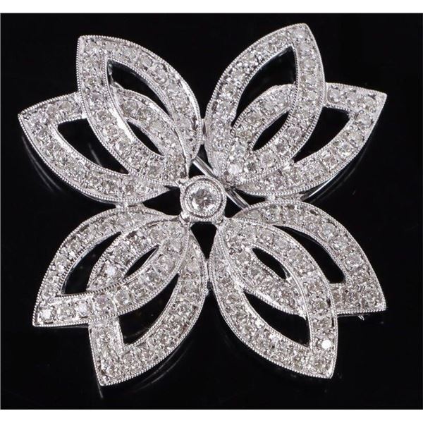 1.34CTW DIAMOND 18K WHITE GOLD FLORAL BROOCH