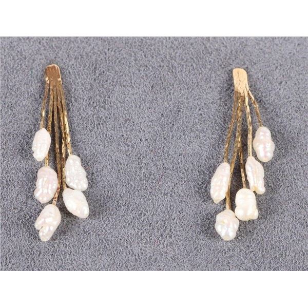 14K YELLOW GOLD BAROQUE PEARL LADIES EARRINGS