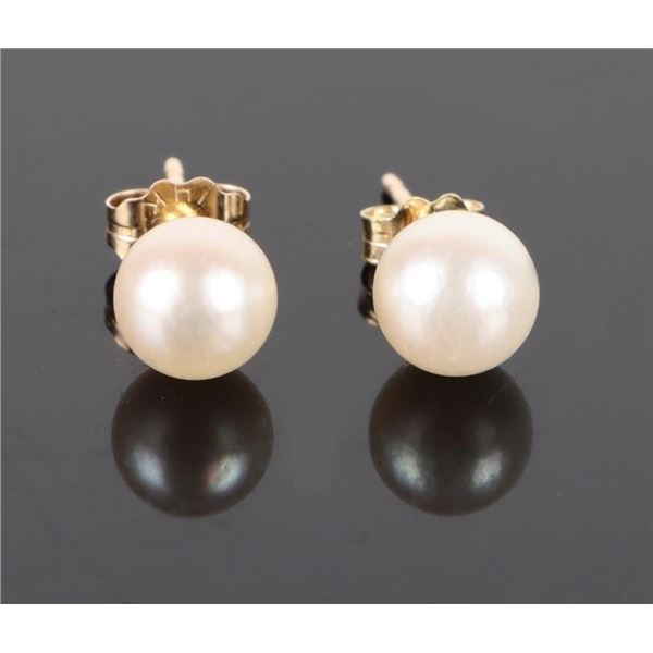 14K YELLOW GOLD WHITE PEARL LADIES STUD EARRINGS