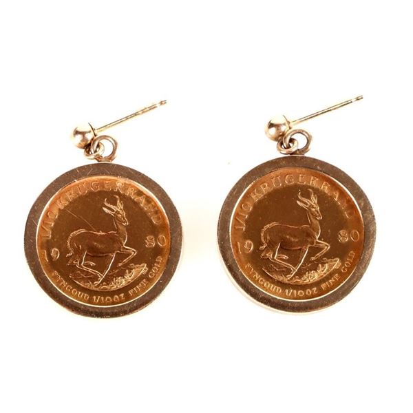 14K 1/10 GOLD  KRUGERRAND  DANGLE EARRINGS