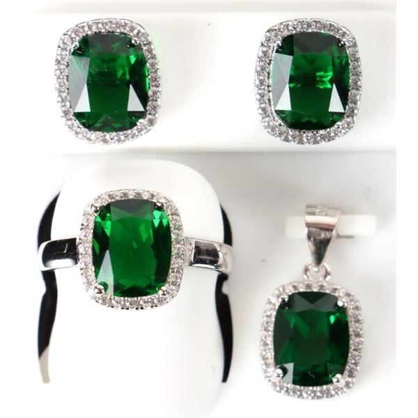 STERLING SILVER GREEN CUT GLASS MATCHING SET
