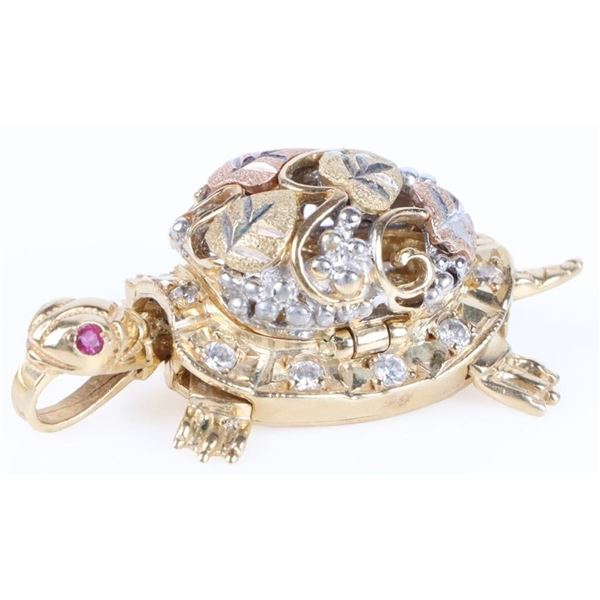 14K YELLOW GOLD CZ TURTLE LOCKET PENDANT