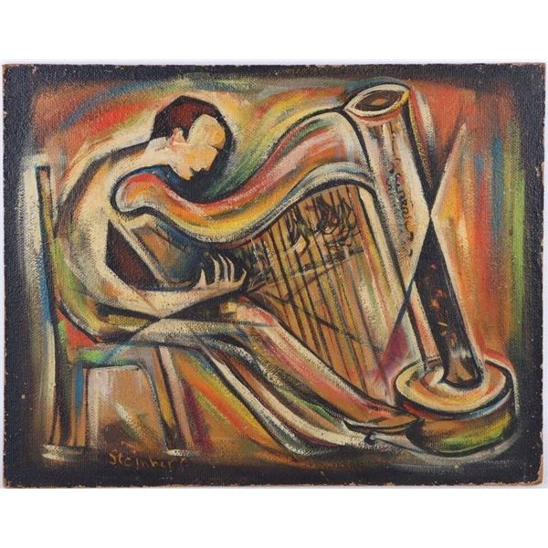 WOMAN PLAYING THE HARP OIL PAINTING SIGNED