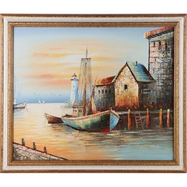 TIM L. OIL ON CANVAS HARBOR LANDSCAPE FRAMED