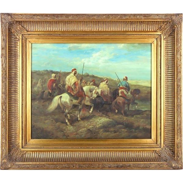 MIDDLE EASTERN HORSEMEN OIL ON BOARD FRAMED