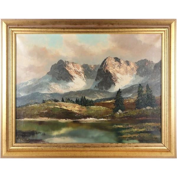 LANDSCAPE OF THE SNOWY ALPS OIL ON CANVAS FRAMED